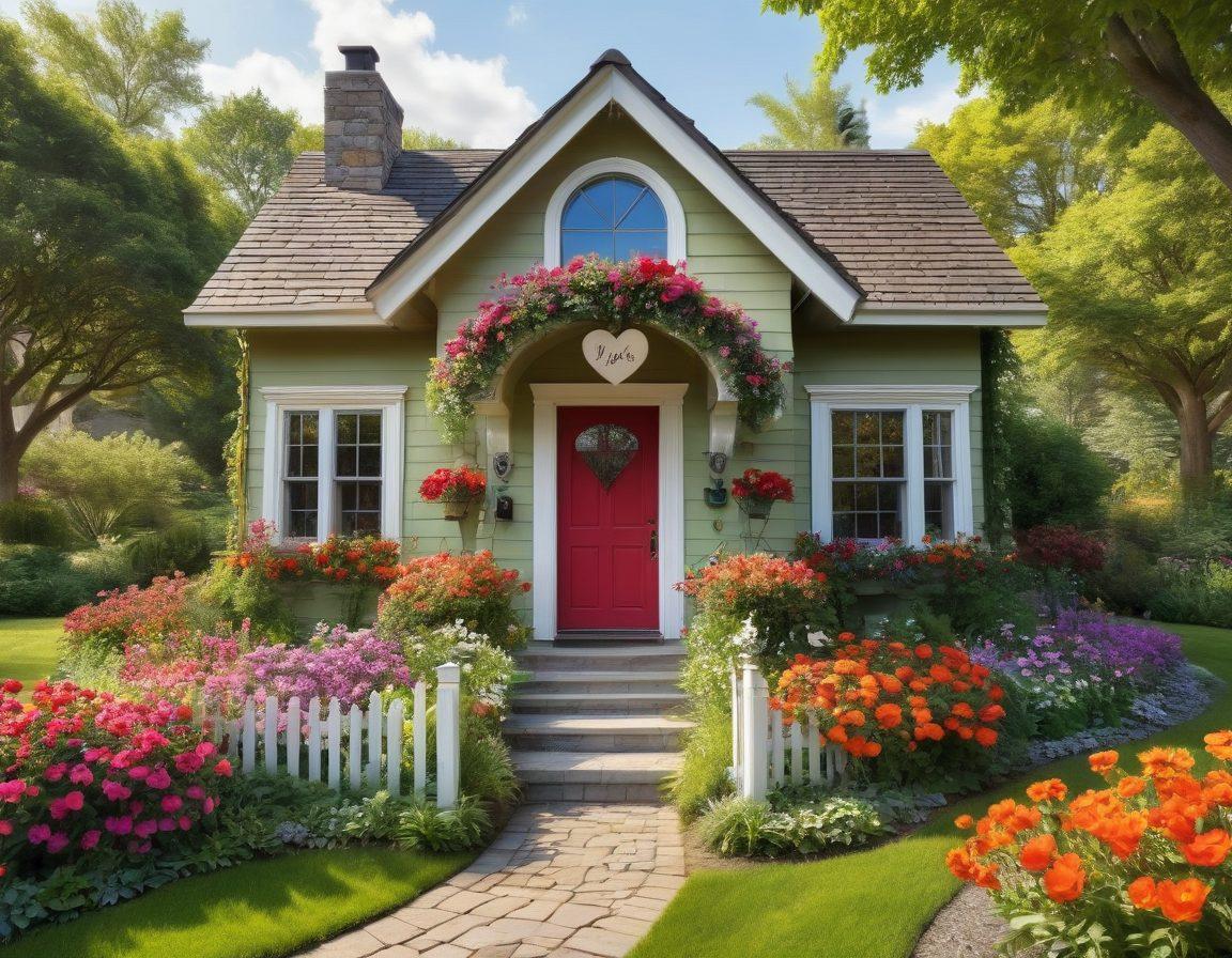 A heart-shaped house surrounded by lush greenery and colorful flowers, symbolizing love and warmth in the housing market. Include a couple joyfully holding hands while exploring various charming homes in the background. Sunlight filtering through trees, creating a serene and inviting atmosphere. Add whimsical elements like floating hearts and sale signs adorned with flowers. vibrant colors. super-realistic. romantic theme.