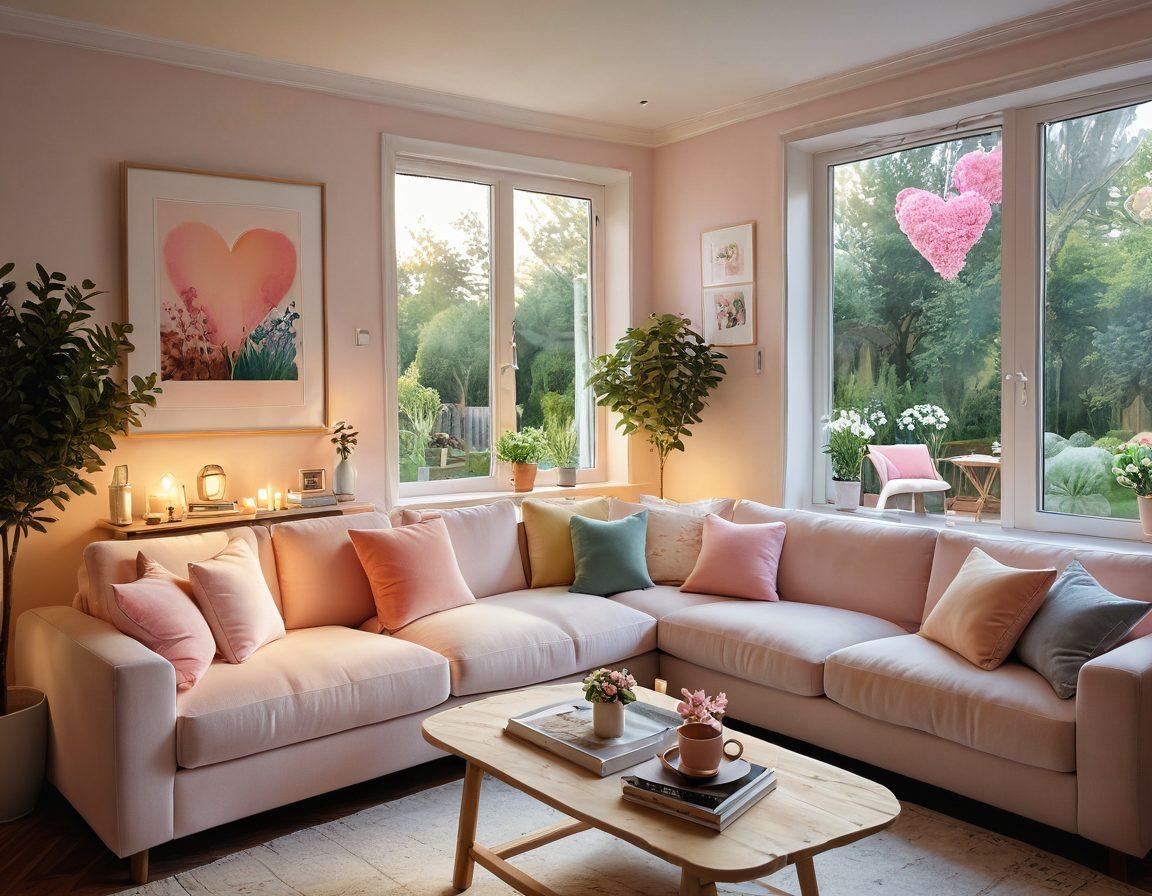 A cozy, warmly lit living room with plush furniture and charming decor, complemented by a couple looking at a house plan together. Incorporate soft, heart-shaped cushions and a window showing a beautiful garden outside. Symbols of love like hearts subtly integrated into the architecture. Soft pastel colors and inviting atmosphere. super-realistic. vibrant colors.