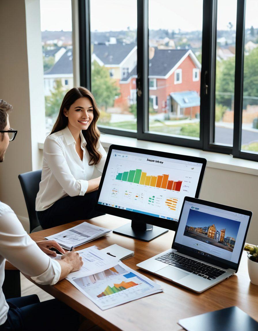 A warm, inviting scene of a realtor and a client sitting at a modern desk, discussing investment properties with a laptop open showing market trends and charts. The background features a stylish home model and various real estate brochures. Soft natural light streams in through a window, creating a friendly atmosphere. The characters should exude professionalism and trust. super-realistic. vibrant colors.